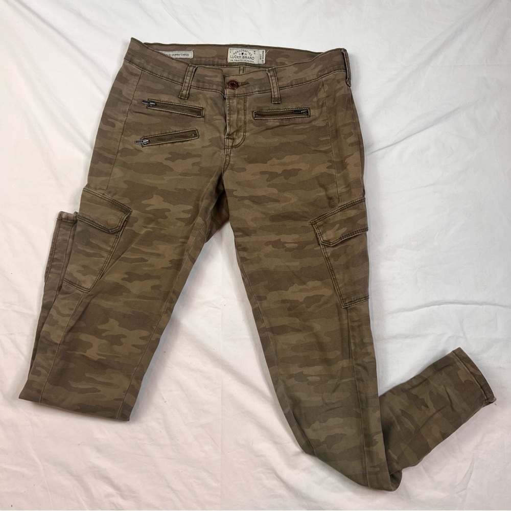 Lucky Brand Womens 4/27 Charlie Skinny Cargo Jeans Army Camo Zip Pockets L010922